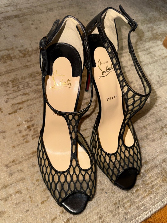 Christian Louboutin Shoes - Christian Louboutin Black Mesh Peep-Toe Slingbacks with Nude Insole